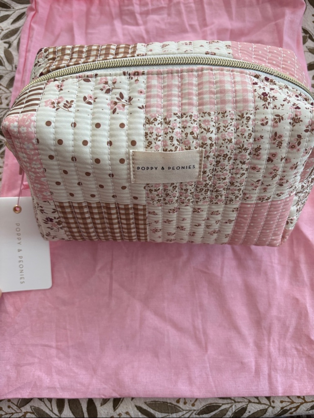 Poppy & Peonies Quilted Patchwork Cosmetic Pouch in Pink and Brown